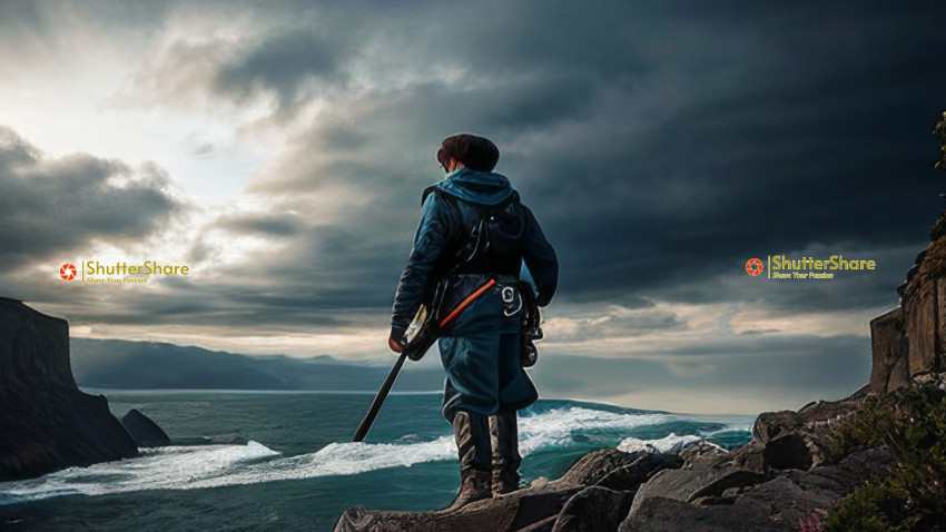 Lone Explorer Overlooking Rugged Coastline