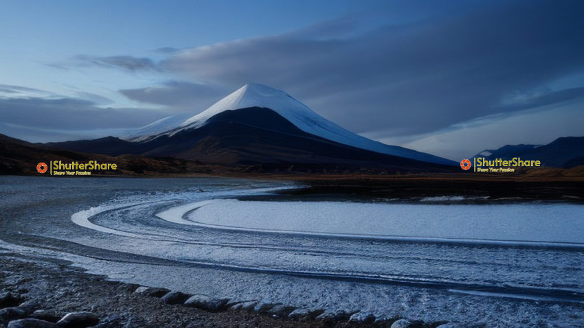 Serene Snow-Capped Volcano by a Frozen Lake