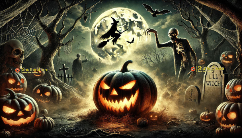 A Halloween Scene with Carved Pumpkins and Spooky Elements