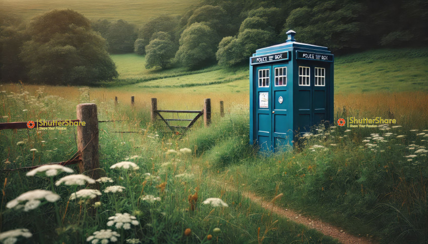 Iconic Blue Police Box in a Meadow