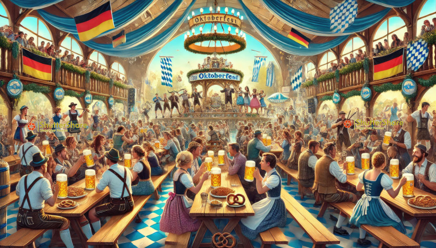 A lively Oktoberfest scene featuring a large beer tent