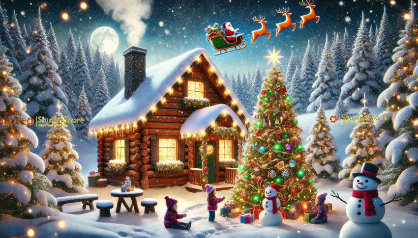 Festive Christmas Scene with Log Cabin