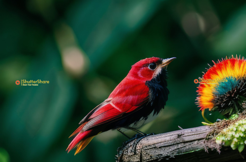 Red Cardinal on a Branch with a Flower