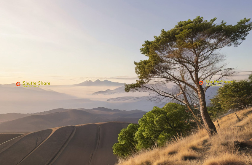 Solitary Tree on a Hilltop Overlooking Misty Mountains