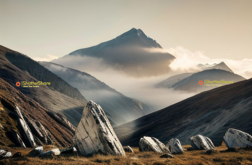 Ancient Stones in a Misty Mountain Landscape