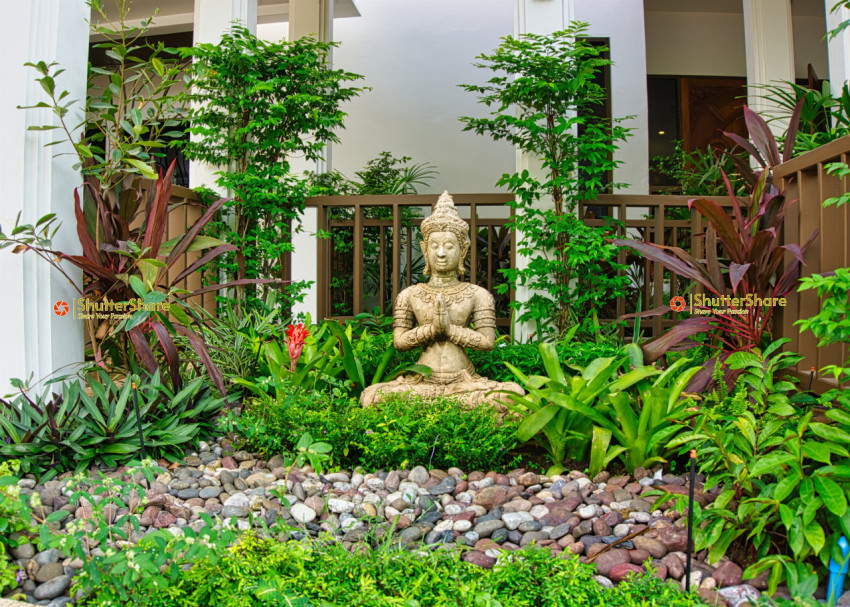 Serene Garden with Buddha Statue