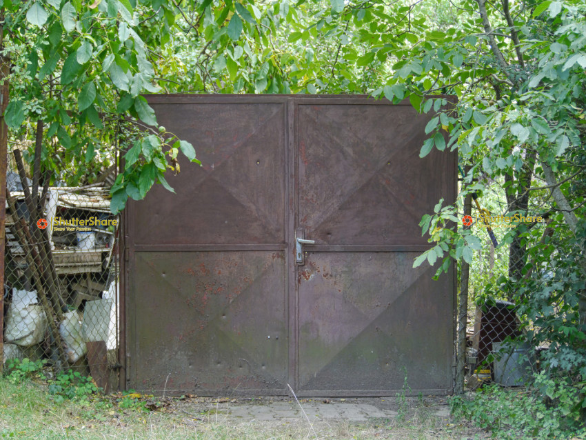 Rusty Metal Gate with Overgrown Vegetation