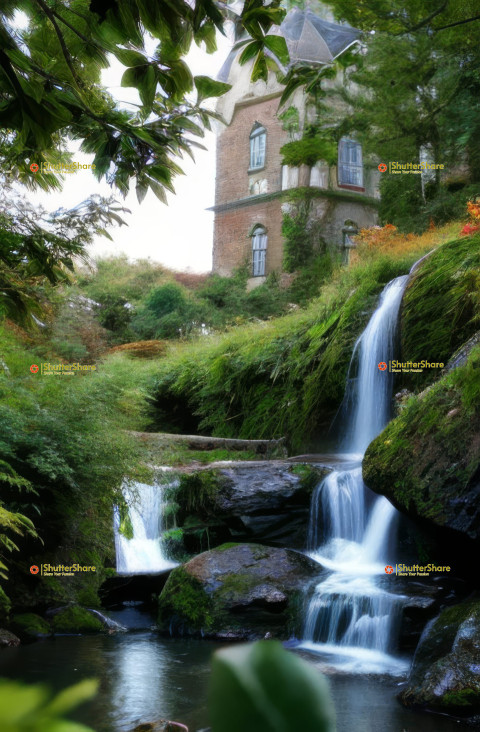 Waterfall behind a castle surrounded by trees