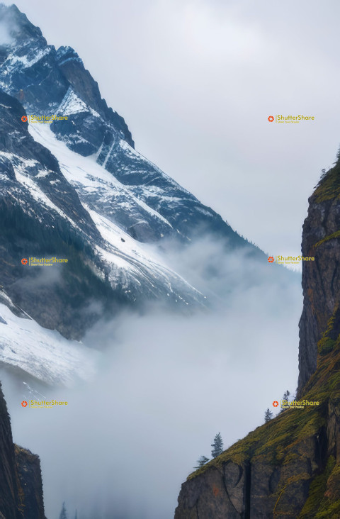 Mountain Covered in Snow and Fog