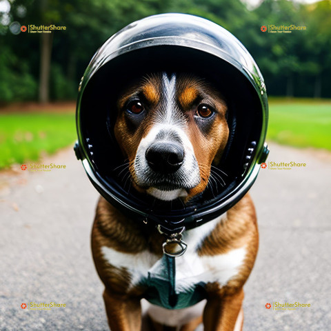 Brown and white dog sporting a helmet
