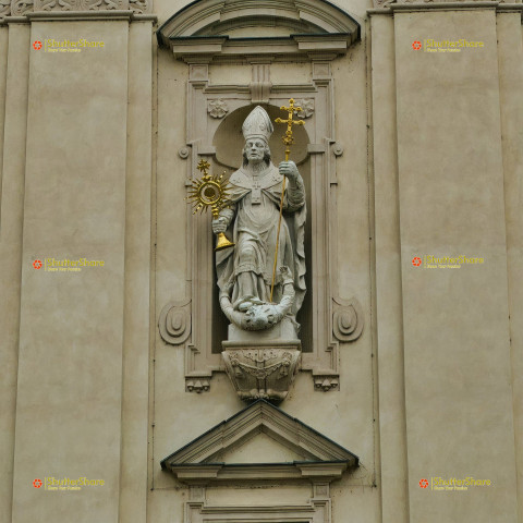 Statue on Historic Building Facade in Brno, Czech Republic