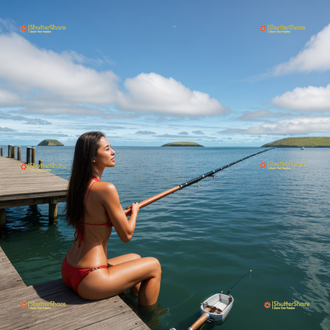 Woman Fishing on a Dock in the Marshall Islands