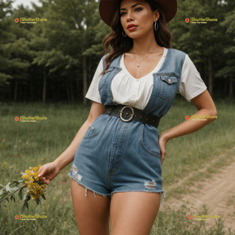 Woman in Denim Outfit Holding Flowers in NaturE